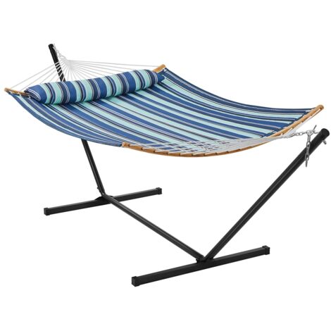 Homevive Hamaca Acolchada de Camping con Soporte Hamaca Portátil con Bolsa de Transporte y Almohada 375x98,5x107,5cm para Interior y Exterior Jardín Balcón Senderismo y Mar Carga 216kg Raya Azul