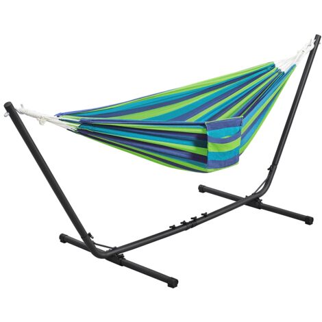 Homevive Hamaca con Soporte de Metal Hamaca para Jardín Portátil con Largo Ajustable Hamaca 2 Personas de Acero Duradero para Interior y Exterior Trasero Camping Carga 205Kg Rayas Azules y Verdes