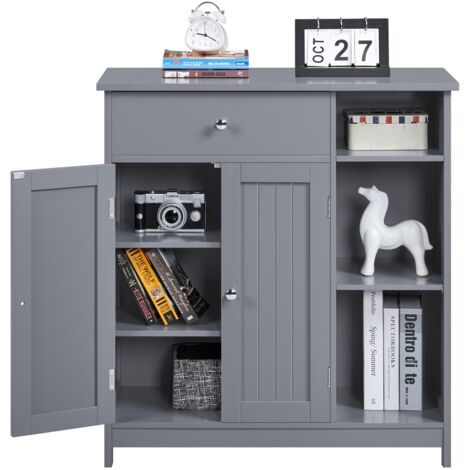 Homevive Mueble de Baño Auxiliar de Madera Armario Baño de Suelo con Cajón y Puertas Mueble de Cocina con Estante Ajustable 75 x 30 x 80 cm Blanco