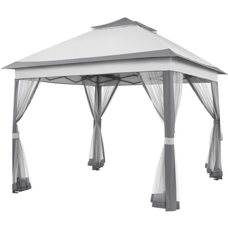 Homevive Carpa Cenador de Jardín 3.3x3.3m Cornisa Extendida con 4 Mosquiteras Laterales Cremallera Altura Ajustable de 271-291cm Color Gris Oscuro/Gris Claro