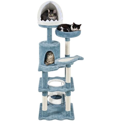 Homevive Árbol de Gato con Diseño de Torre para Gatos con Nicho de Tiburón y Plataforma para Peces y Hamaca para Escondite Poste de Sisal Altura 155cm Color Azul y Blanco