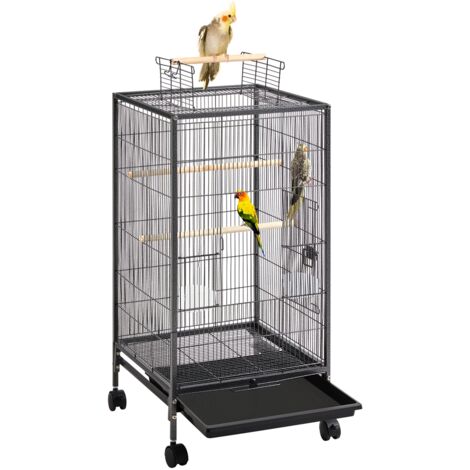 Homevive Jaula para Pájaros Jaula con Ruedas para Mascota Aves Loros Canarios Jaula Metálica 45,5x45,5x100,5 cm