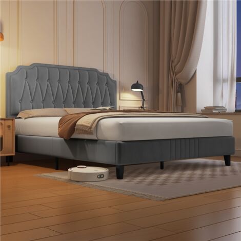 Homevive Cama Doble Marco de Cama Tapizado Cabecero Regulable en Altura Gris Claro/140 x 200 cm