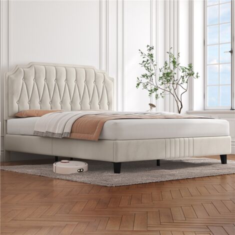 Homevive Cama Doble Marco de Cama Tapizado Cabecero Regulable en Altura Beige/160 x 200 cm