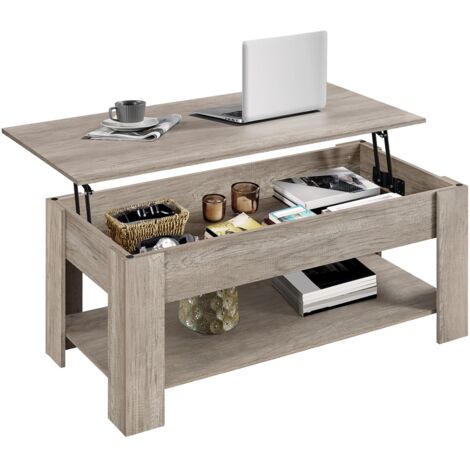 Homevive Mesa Centro Elevable con Estante Mesa Café con Revistero Mesa Comedor de Industrial para Salón 120 x 59 x 49,5 cm Gris