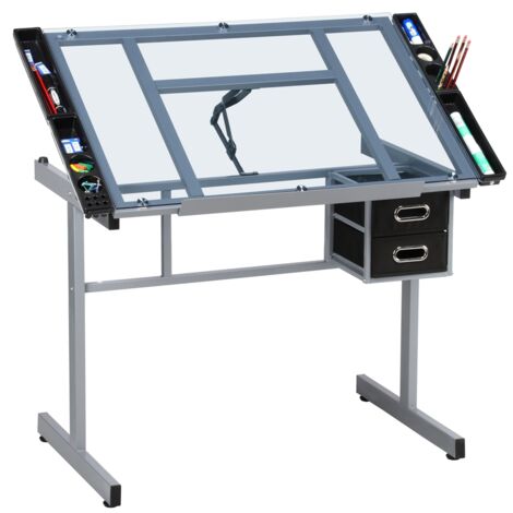 Yaheetech Mesa de Dibujo Inclinable Mesa de Pintura Multifuncional Escritorio con Tapa de Cristal 104x 60x 80cm para Arte Estudio con Tablero Ajustable de 0° a 60°