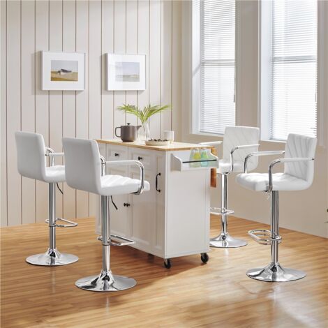 Yaheetech Juego de 2 Taburetes de Bar de Polipiel Sillas de Bar Giratorias de Altura Ajustable con Respaldo Reposapiés Reposabrazos para Bar Cocina Hogar Blanco