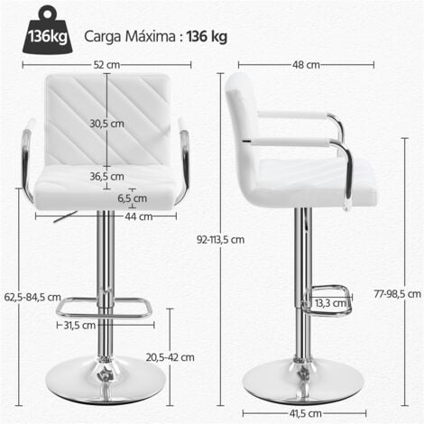 Yaheetech Juego de 2 Taburetes de Bar de Polipiel Sillas de Bar Giratorias de Altura Ajustable con Respaldo Reposapiés Reposabrazos para Bar Cocina Hogar Blanco