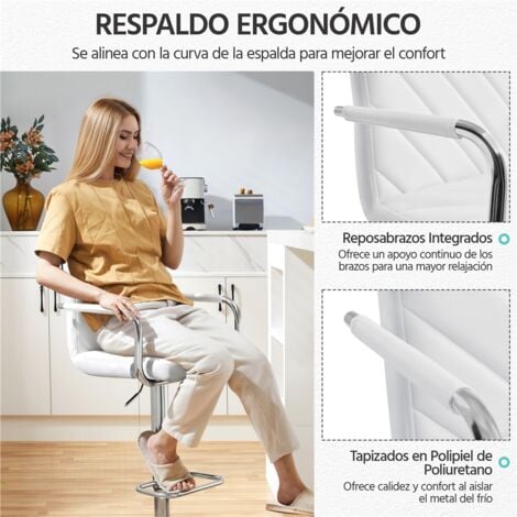 Yaheetech Juego de 2 Taburetes de Bar de Polipiel Sillas de Bar Giratorias de Altura Ajustable con Respaldo Reposapiés Reposabrazos para Bar Cocina Hogar Blanco