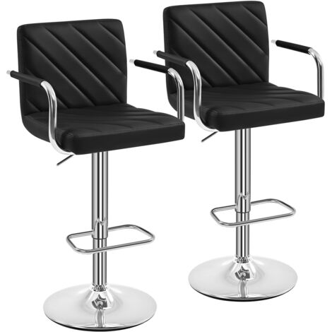 Homevive Juego de 2 Taburetes de Bar de Polipiel Sillas de Bar Giratorias de Altura Ajustable con Respaldo Reposapiés Reposabrazos para Bar Cocina Hogar Negro