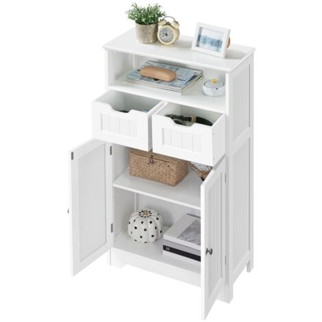 Homevive Mueble Baño Auxiliar con Dos Cajones Armario de Baño de Madera Mueble Auxiliar de Cocina con Estante Ajustable para Salón Entrada 60 x 30 x 104,5 cm Blanco