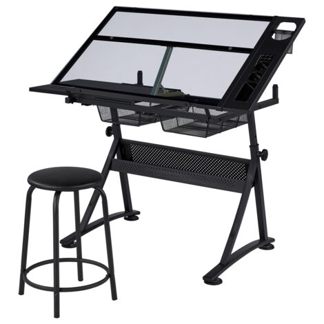 Homevive Mesa de Dibujo Reclinable con Taburete Mesa Inclinable Altura Ajustable con Bandeja de Cristal y 2 Cajones para Casa, Oficina, Escuela 141 × 60 × 91 cm (1/5)