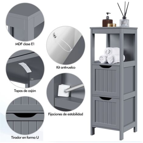 Yaheetech Mueble Auxiliar 30x30x89cm Armario de Columna con 2 Cajones, Cajonera Estrecha para Cocina, Sala de Estar y Cuarto Baño Gris
