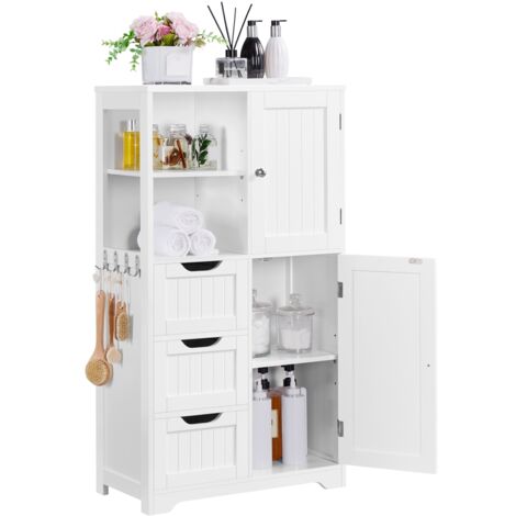 Homevive Mueble Baño de Madera Armario Baño con 3 Cajones y Estante Ajustable Armario Multiusos con Puertas para Salón Entrada Blanco 60x30x107 cm