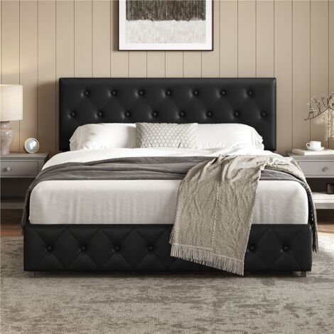 Homevive Cama Tapizado con Cabecero Ajustable en Altura 2 Cajones con Ruedas Espacio de Almacenamiento Cama Doble Matrimonial 160 x 200 cm Negro