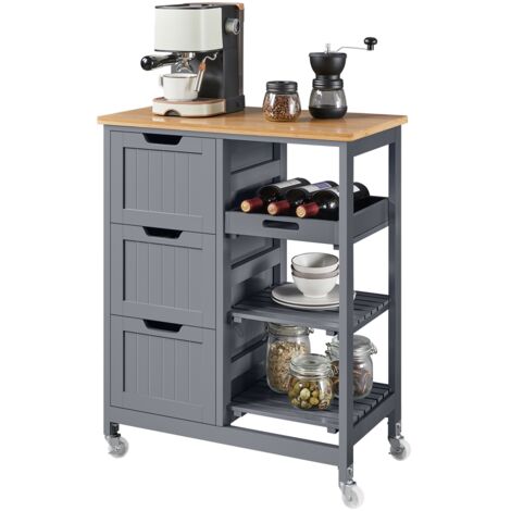 Homevive Carrito de Cocina 4 Ruedas Carro de Almacenamiento con 3 Cajones y 3 Estantes Carrito de Servicio de Madera 67 x 37 x 84,5 cm Gris Oscuro