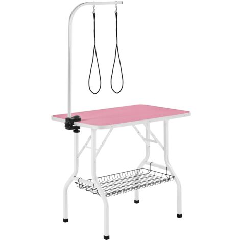 Homevive Mesa Peluqueria Canina Mesa Aseo para Perros/Gatos/Mascotas con 2 Correas Altura Regulable Ajuntable Superficie de Trabajo Antideslizante Más Grande Rosa