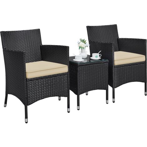 Homevive Conjunto de 2 Sillas Ratán con Cojines y 1 Mesa para Jardín Exterior de Ratán y Acero para 2 Personas Muebles de Jardin Terraza con Tablero de Vidrio de Seguridad Fácil Montaje y Limpieza