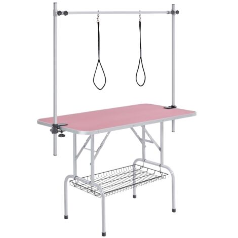 Homevive Mesa de Peluquería Mesa Peluqueria Canina para Mascotas Grande 118x60x177cm Plegable Mesa de Aseo para Perro Canina Altura Ajustable Rosa