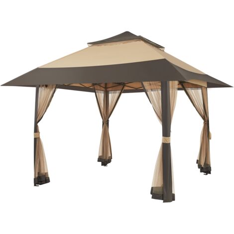 Homevive Carpa Plegable 4x4m Carpa para Exteriore Cenador de Jardín con Laterales de Malla de Doble Techo Altura Ajustable en 271-291cm para Camping Jardín Patio Fiestas Caqui y Marrón