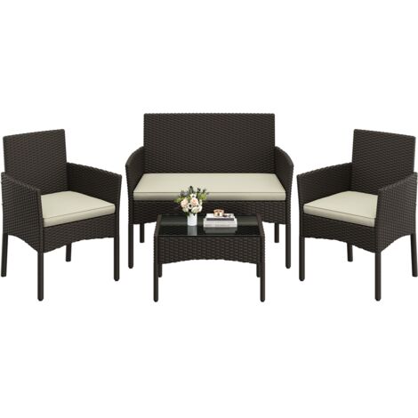 Homevive Juego de 4 Piezas Muebles de Jardín de Ratán 1 Sofá 2 Sillones con Cojines y 1 Mesa de Vidrio para Patio Terraza Marrón/Beige