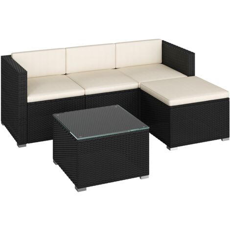 Homevive Juego de 5 Piezas Muebles de Ratán de Jardín con Cojines, Sofá de 3 Plazas, 1 Taburete y 1 Mesa de Café de Cristal Negro/Beige
