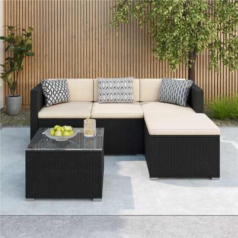 Conjunto De Jardín De Ratán PE Con Mesa Ajustable - 5 Piezas (3 Esquineros, 1 Central, 1 Mesa), Cojines Extraíbles, Color Negro Y Crema