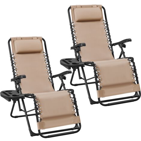 Homevive Juego de 2 Tumbonas Sillas de Gravedad Cero Plegables con Reposabrazos Portavasos para Patio/Jardín/Playa/Pisina Beige