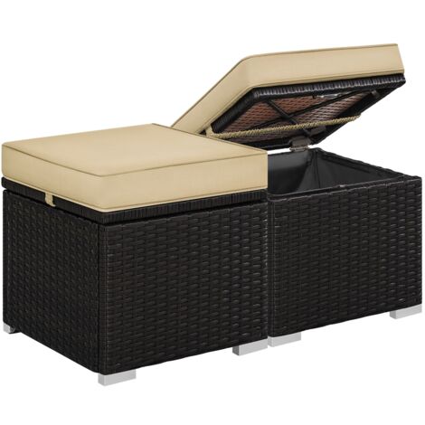 Homevive Juego de 2 Otomanas de Ratán con Almacenamiento Oculto Reposapiés de Patio Asiento Adicional con Cojín para Terraza Porche Jardín Marrón/Caqui