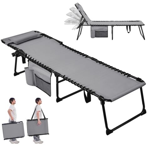 Homevive Cama de Camping Plegable con Cojín y Bolsillo Lateral Respaldo Ajustable en 5 Posiciones, Tumbona Plegable de Poliéster hasta 120kg para Interior Exterior y Viajes, 189x57x38 cm, Gris