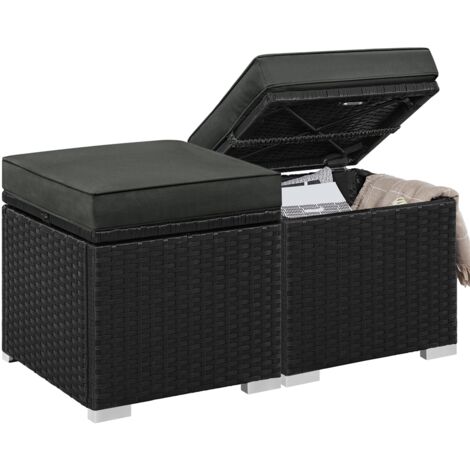 Homevive Juego de 2 Otomanas de Ratán con Almacenamiento Oculto Reposapiés de Patio Asiento Adicional con Cojín para Terraza Porche Jardín Negro/Gris