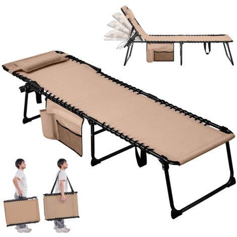 Homevive Cama de Camping Plegable con Cojín y Bolsillo Lateral Respaldo Ajustable en 5 Posiciones, Tumbona Plegable de Poliéster hasta 120kg para Interior Exterior y Viajes, 189x57x38 cm, Beige