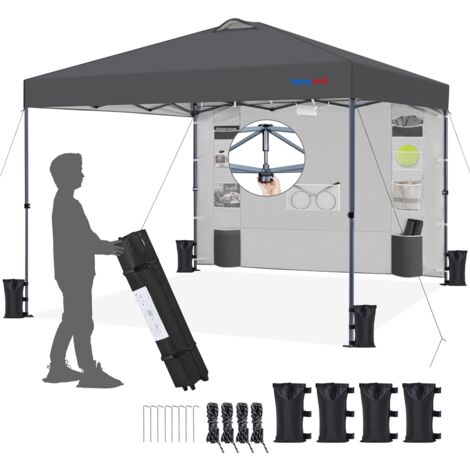Homevive Carpa Pop-Up con Pared Lateral y 9 Bolsillos de Almacenamiento Cenador Plegable con Altura Ajustable para Playa Patio Camping Gris Oscuro
