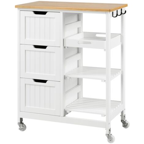 Homevive Carro de Cocina de Madera con Ruedas Carro de Almacenamiento con 3 Cajones 3 Estantes Ganchos para Cocina Salón Balcón Jardín Blanco (1/5)