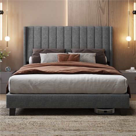 Homevive Cama tapizada 160 x 200 cm Cabecero a Rayas con Alas Láminas de Madera y Metal Cama Matrimonial Gris