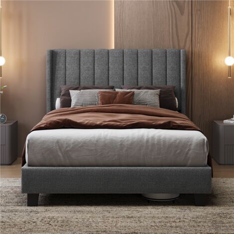 Homevive Cama tapizada 140 x 200 cm Cabecero a Rayas con Alas Láminas de Madera y Metal Cama Matrimonial Gris