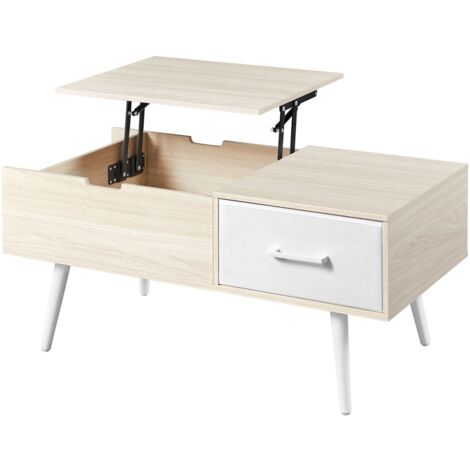 Homevive Mesa de Centro Elevable 100x50x45-59cm con Almacenamiento Lateral y Oculto,Equipada de 1 Cajón y Patas de Madera para Salón y Cocina Color de Madera