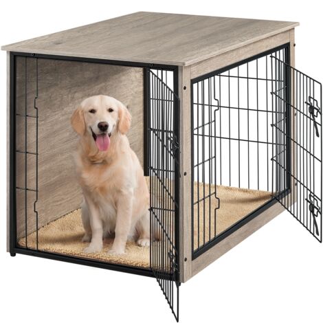 Homevive Jaula para Perros Casa para Mascotas con 2 Puerta Jaula Madera con Almahadilla Extraíble 96x65x67.5 cm Gris