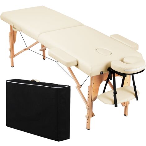 Homevive Camilla Masaje Portátil de 2 Zonas Plegable Camilla Estética de Madera de Haya Capacidad 250 kg para Fisioterapia Altura Ajustable Apoyacabezas Desmontables 213 x 60cm Crema