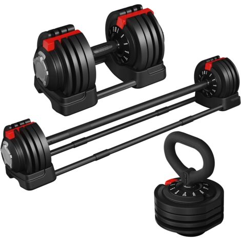 Homevive Kit Mancuerna Ajustable 3 en 1 Pesas y Mancuernas Ajuste Rápido de 1,5-18kg/3 a 24kg/2-40kg con 3 Modos Mancuerna & Kettlebell & Barbell para Fitness Gimnasio en Casa