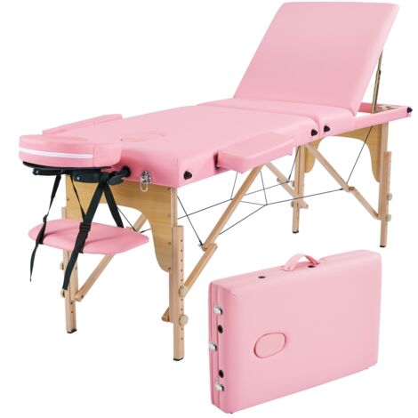 Homevive Camilla Masaje Plegable 3 Zonas Portátil Carga 250kg Altura Ajustable de Madera Haya para Belleza con Bolsa de Transporte Camilla Rosa