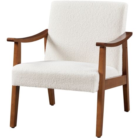 Homevive Butaca de Salón Tapizado en Bouclé Sillón Individual con Respaldo Acolchado Reposabrazos de Madera Maciza 136 kg Blanco