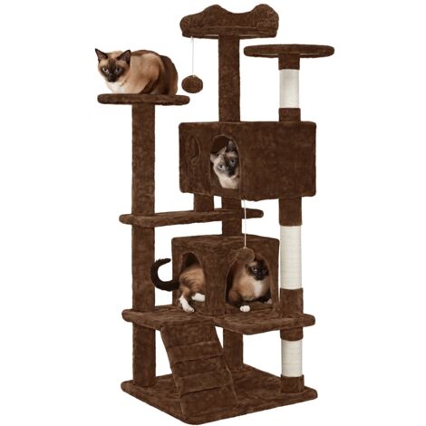 Homevive Árbol Rascador para Gatos 139cm con 3 Plataformas 2 nidos 2 Pompones Torre de Escalador con Postes en Sisal Ideal para 3-4 Gatos Marrón