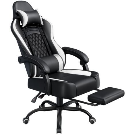Homevive Silla Gaming con Respaldo Almohada Lumbar de Masaje Silla Reclinable con Altura Ajustable Reposacabezas Extraíble Reposapiés Negro/Blanco