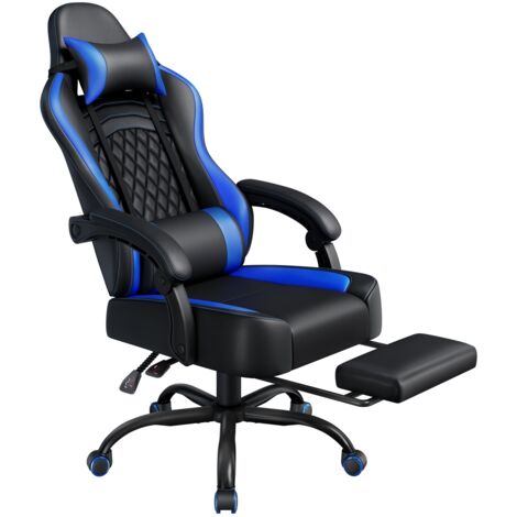 Homevive Silla Gaming con Respaldo Almohada Lumbar de Masaje Silla Reclinable con Altura Ajustable Reposacabezas Extraíble Reposapiés Negro/Azul