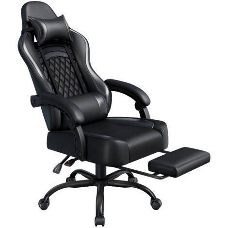 Homevive Silla Gaming con Respaldo Almohada Lumbar de Masaje Silla Reclinable con Altura Ajustable Reposacabezas Extraíble Reposapiés Negro