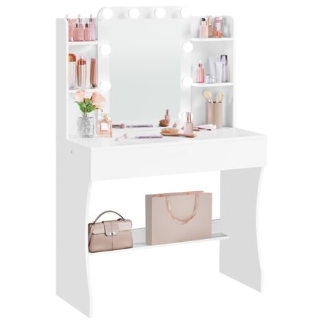Homevive Tocador con Espejo Luces LED Mesa de Maquillaje con 3 Colores Ajustables 9 Modos de Iluminación Cajón Estante Abierto Blanco