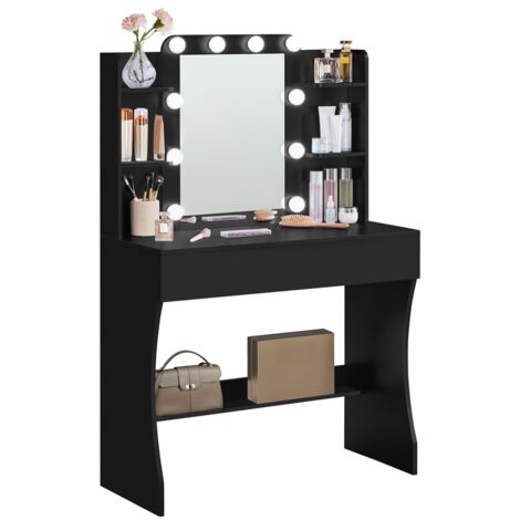 Homevive Tocador con Espejo Luces LED Mesa de Maquillaje con 3 Colores Ajustables 9 Modos de Iluminación Cajón Estante Abierto Negro