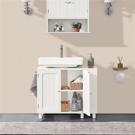 Homevive Armario bajo Lavabo con Dos Puertas Estantes Ajustables Mueble de Baño con Almacenamiento Lateral Abierto Ganchos Blanco