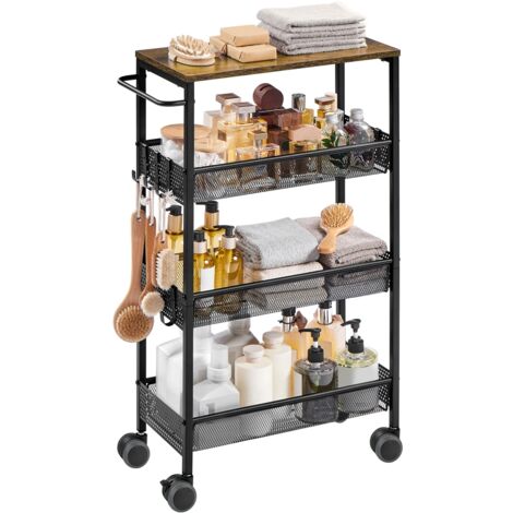Homevive Carrito de Cocina Móvil de 4 Niveles con Encimera de Madera Ganchos Asa Carro de Almacenaje para Baño Salón Marrón Rústico